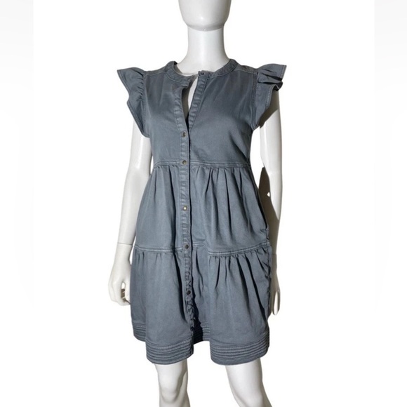 Marie Oliver Neelie Denim Dress Sz XS Gray Pockets Tiered Flutter Sleeves Boho - Picture 3 of 15